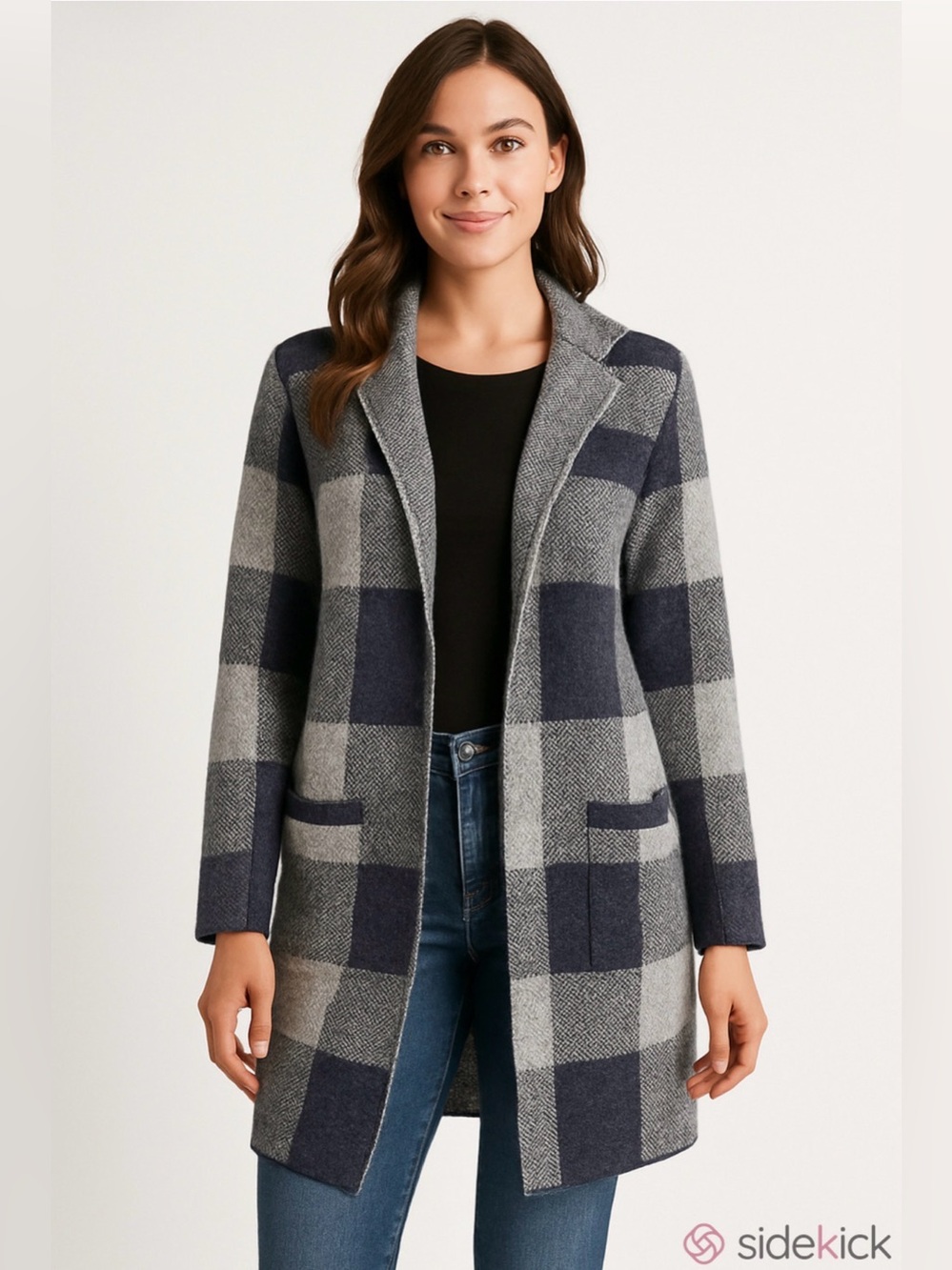 Navy & Gray Plaid Long Open-Front Cardigan / Jacket, Ladies Size Medium
